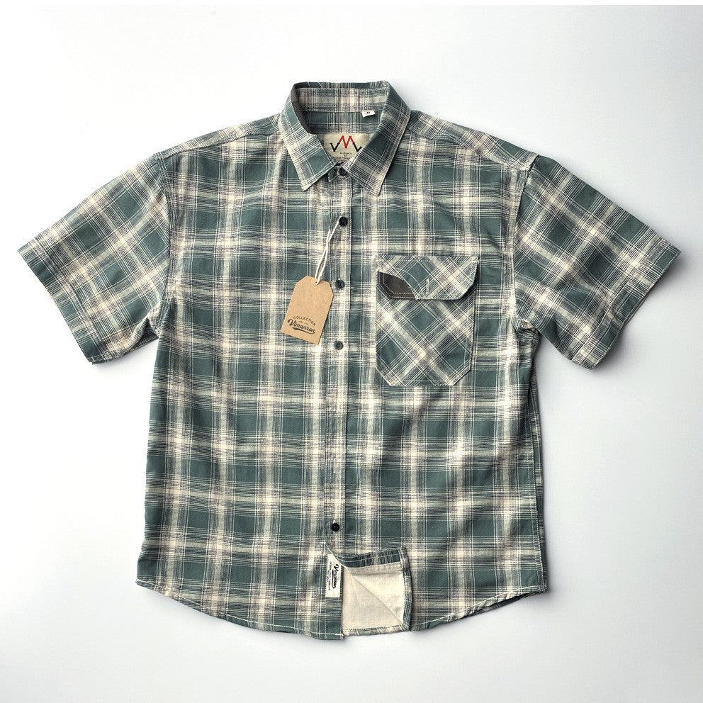 2025 Summer New American Retro Short Sleeve Lapel Plaid Cargo Shirt Men's Simple 100% Cotton Washed Single Pocket Casual Blouses