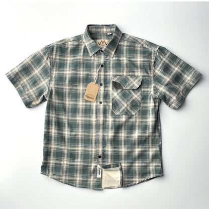 2025 Summer New American Retro Short Sleeve Lapel Plaid Cargo Shirt Men's Simple 100% Cotton Washed Single Pocket Casual Blouses