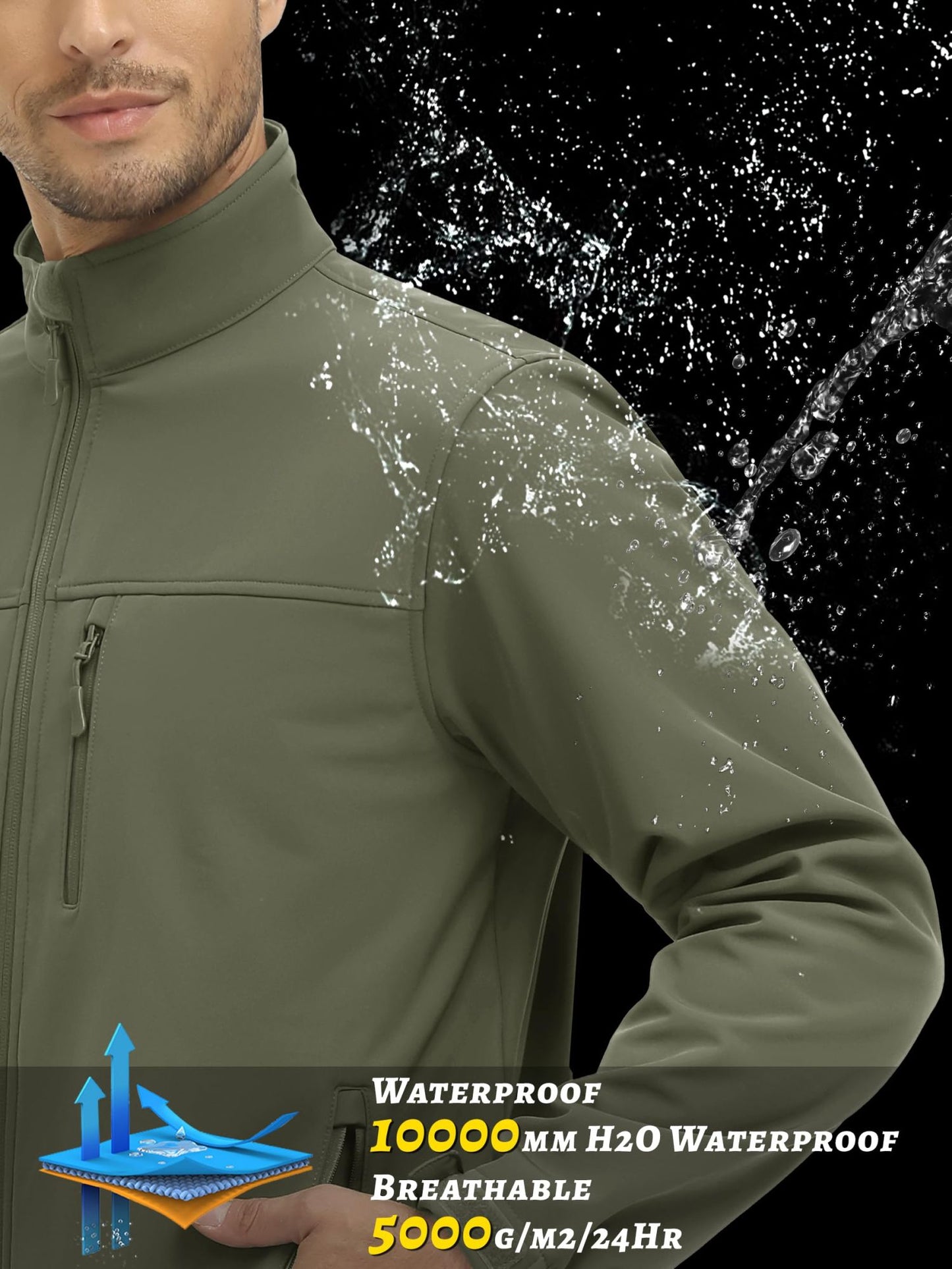 TACVASEN Waterproof Fleece Lining Windbreaker Mens Winter Work Jackets Zipper Pocket Casual Coats Full Zip Outwear Tops