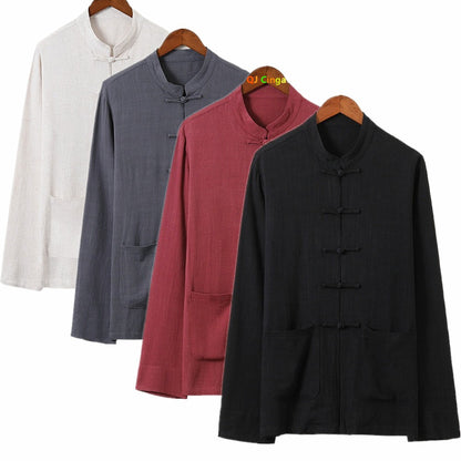 Chinese-style Men's Black Long-sleeve Shirt, Cotton-linen Blend Stand-up Collar Shirts, Available in Burgundy, Beige, and Gray.