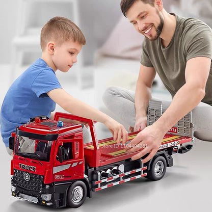 Caminhão de Bomba de Cimento com Reboque de Plataforma Elétrica 1:24, Brinquedos de Modelo, Carro de Liga Fundida, Portas Abríveis, Luz e Som, Veículo Presente para Menino