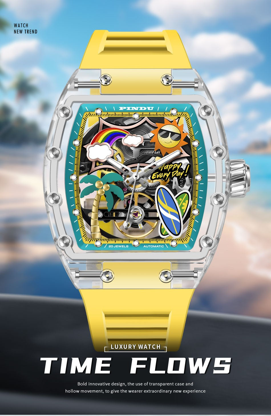 New PINDU Watch Unique Dial Design Style Men Mechanical Watch Summer Beach Fashion Watch Glowing Waterproof Resin silicone strap