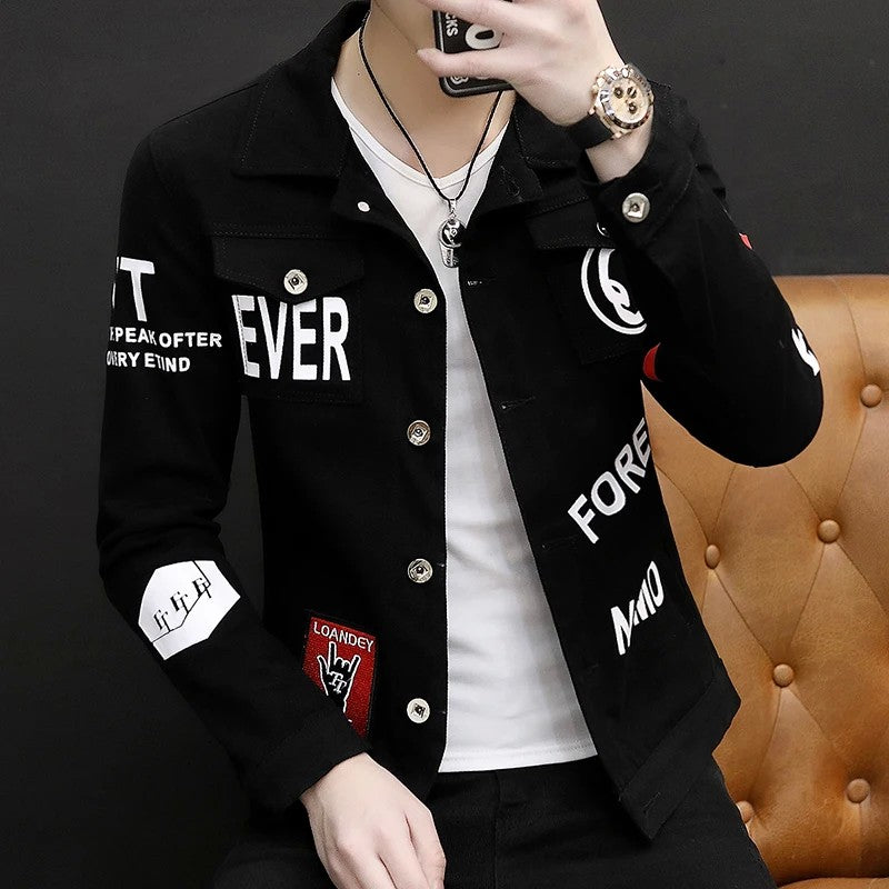 spring autumn New Men's Casual Cotton Denim Jacket Classic Style Fashion Slim Washed Retro Letter printing Jean Casual Coats