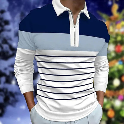 Spring and Autumn Men's Long Sleeve Zipper Polo Shirt Fashion Stripe Design Comfortable Polyester Fiber