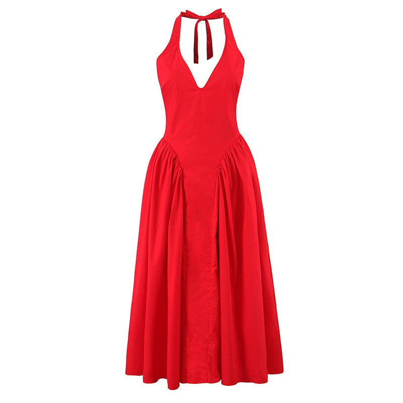 YENKYE Sexy Backless Green Elegant Halter Dress For Women Low Waist A-line Midi
