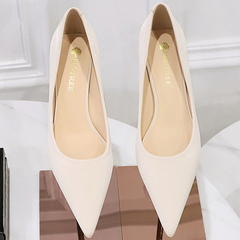 New Big Size Women's Boat Shoes Leather 4.5cm High Heels Pointed Toe Pumps Stilettos Basic Pump For Female White Black Wine Red