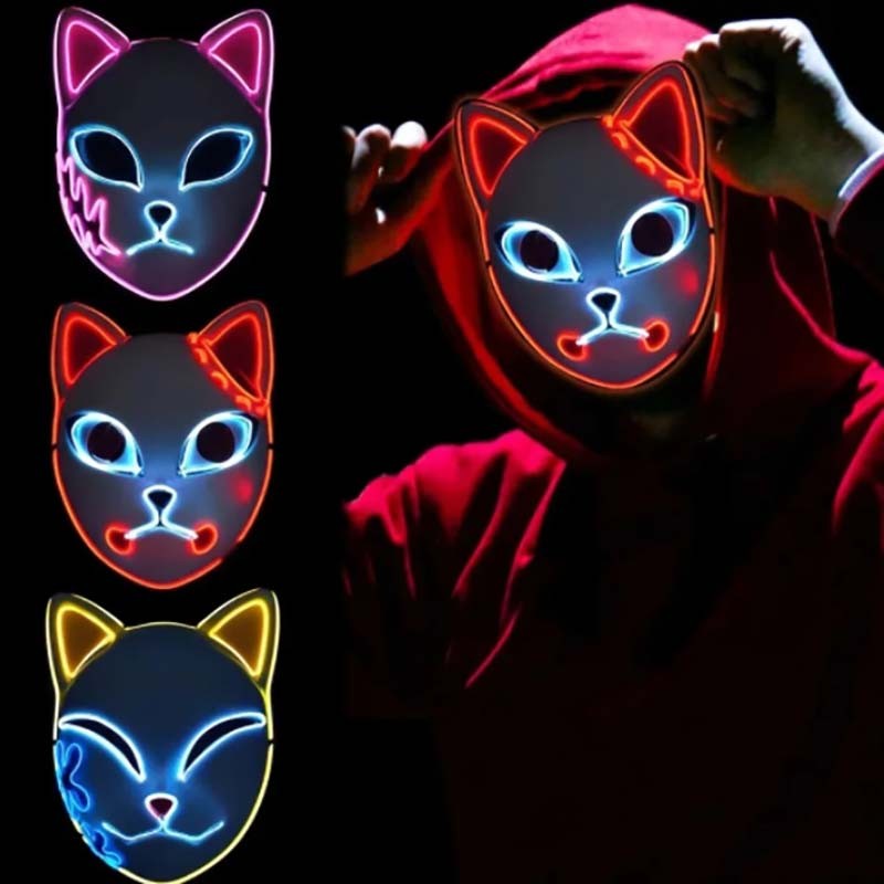 Glowing Demon Slayer Led Face Mask Anime Cosplay Prop Cat Face Fox Halloween Cold Light Flashing Mask Party Costume