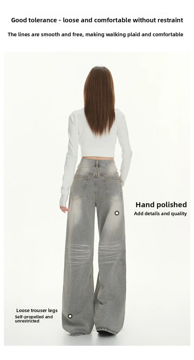 Gray American High Street Wide Leg Jeans Women Loose Drapey Slim Straight Floor-Length Pants High Waist Button Decoration