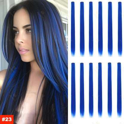 Colored Highlight 22 Inch Synthetic Hair Extensions Rainbow Long Straight Hairpieces for Women Kids Girls Purple Pink Blue