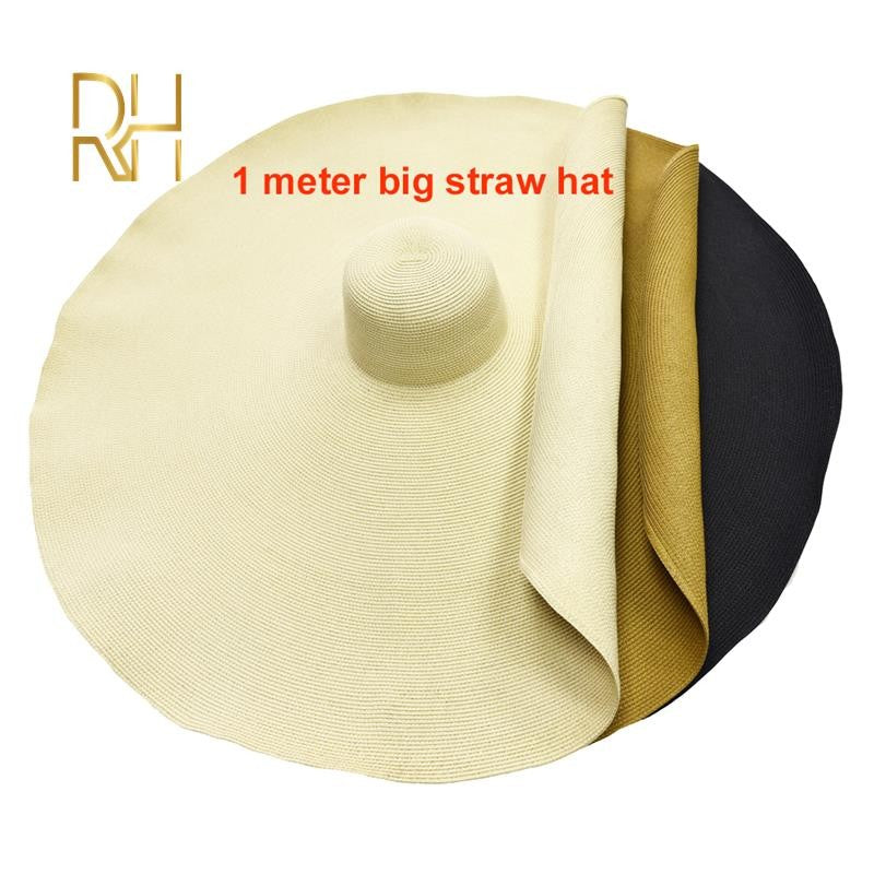 Big Beach Sun Straw Hat 30 40cm Brim 80 100cm Diameter Women Round Protect Travel Holiday Caps Foldable Super Large Straw Hat