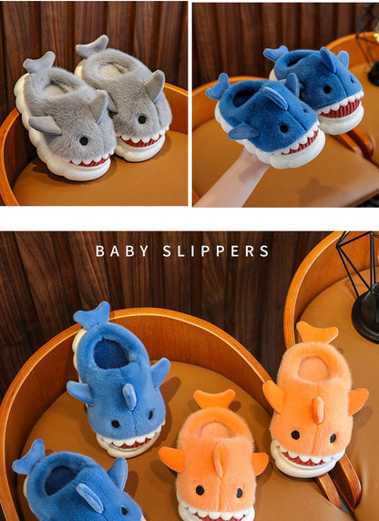 Winter Heel Wrap Cotton Children's Slippers Cute Cartoon Shark Non-slip Soft Sole Kids Boys Girls Junior Warm Plush Home Shoes