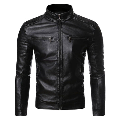 Spring Autumn Thin Men's Stand Collar Stripe Double Zipper PU Leather Jacket Large Size Motorcycle Leather Coat Casual Wear