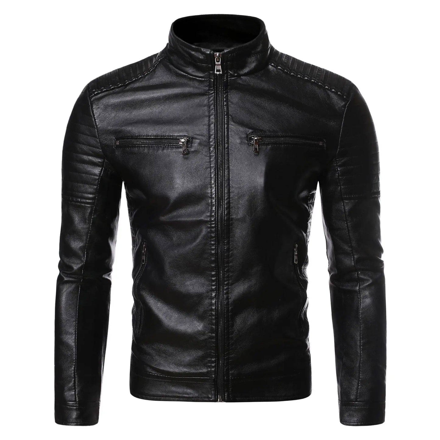 Spring Autumn Thin Men's Stand Collar Stripe Double Zipper PU Leather Jacket Large Size Motorcycle Leather Coat Casual Wear