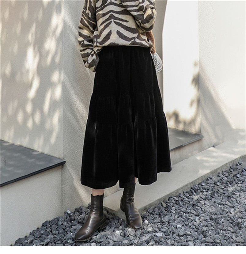 Preppy Style A-line Long Skirt Female Vintage Velvet Solid Skirt Autumn Winter Women Fashion High Waist Office Work Skirts 7XL