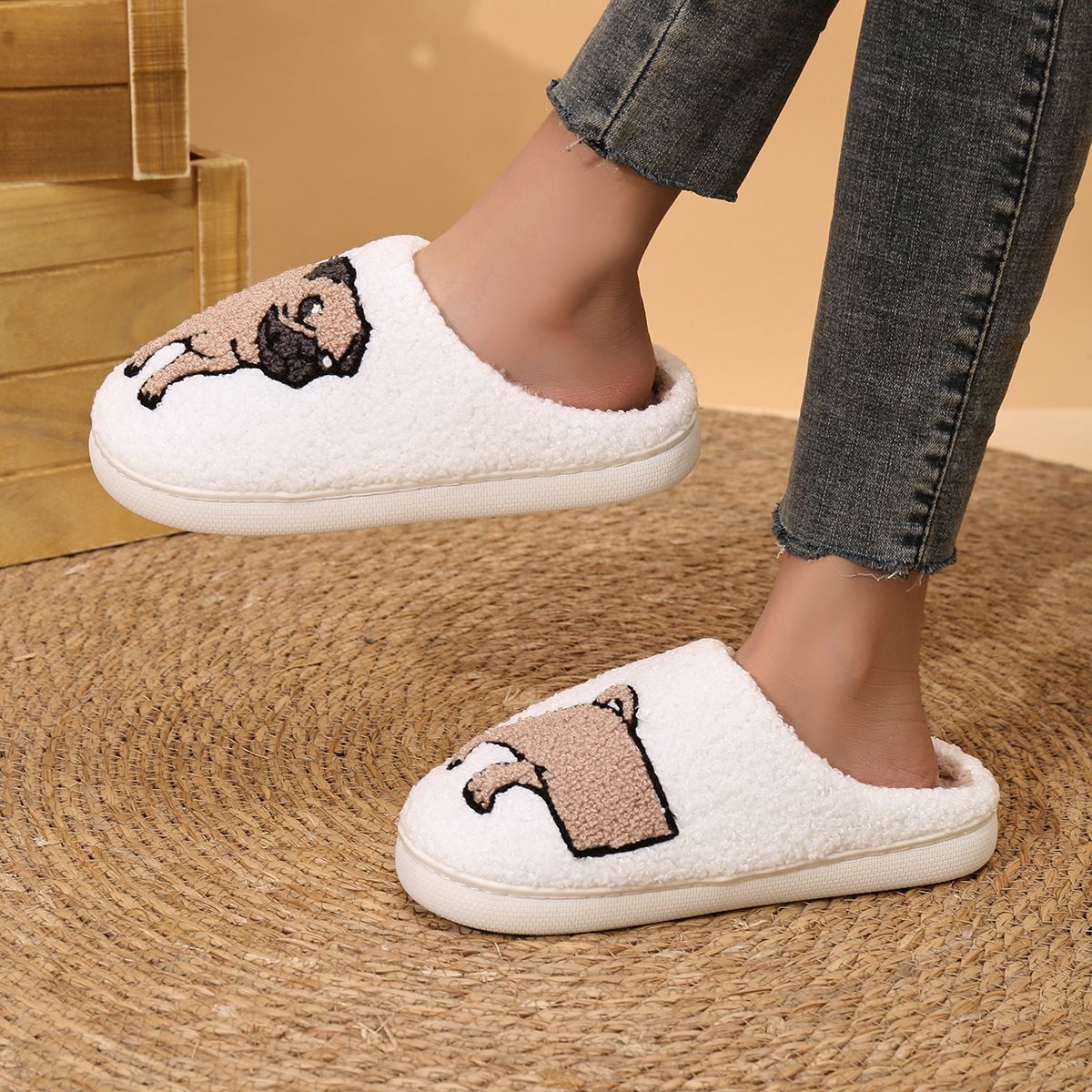 Platform Fluffy Slippers Women House Plush Cartoon Dog Designer Winter Shoes Girls Flats Home Fashion Casual Footwear Large Size