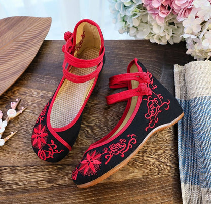 Veowalk Sunflower Embroidered Women Canvas Ballet Flats Ankle Strap Ladies Casual Cotton Chinese Embroidery Ballerina Shoes