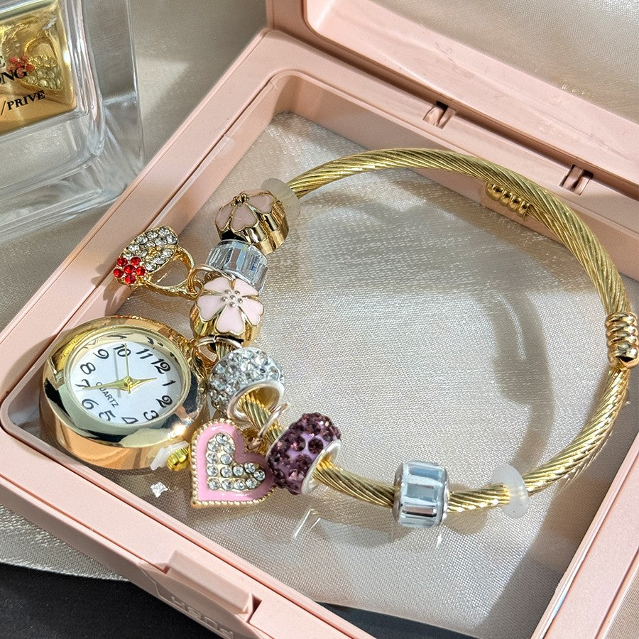 Cross-border Gold Bracelet Watch Adjustable opening Alloy bracelet Quartz Watch Beaded Small flower bracelet Watch