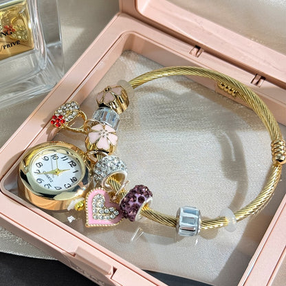 Cross-border Gold Bracelet Watch Adjustable opening Alloy bracelet Quartz Watch Beaded Small flower bracelet Watch