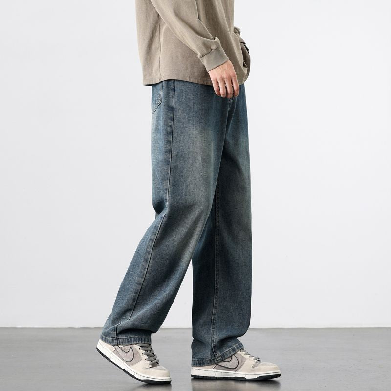 Calça Jeans Masculina Reta Vintage de Primavera Outono Calça Casual de Alta Qualidade Masculina Coreana Moderna Folgada de Perna Larga