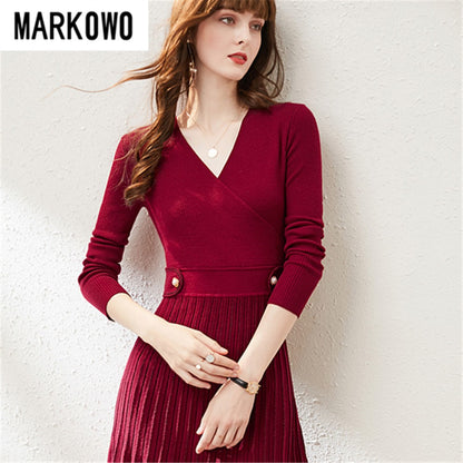 MARKOWO Desinger Brand 2022  Autumn and winter niche wool retro temperament slim V-neck knitted pleated dress