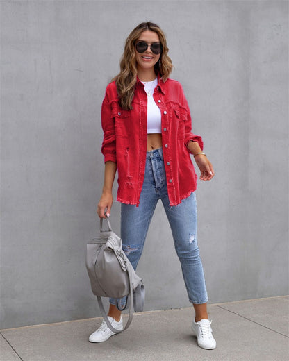 2025 Holes Raw-edges Denim Jacket Women Spring Autumn Shirt Style Jeancoat Casual Top Rose-Red Orange Purple Outerwear Lady Coat