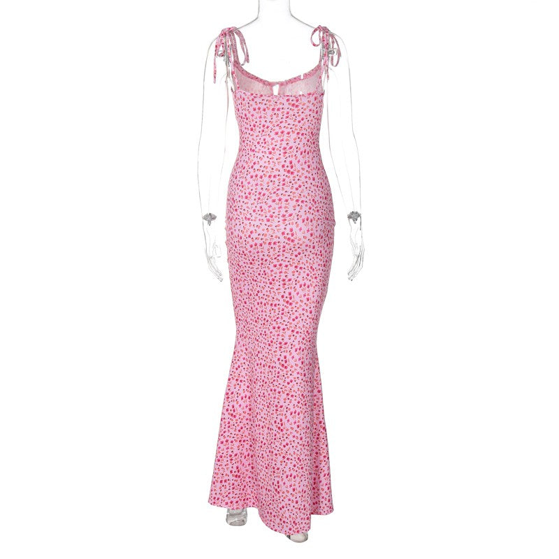 Hugcitar Floral Print Sleeveless Backless Slips Lace Up Maxi Dress Sexy Bodycon