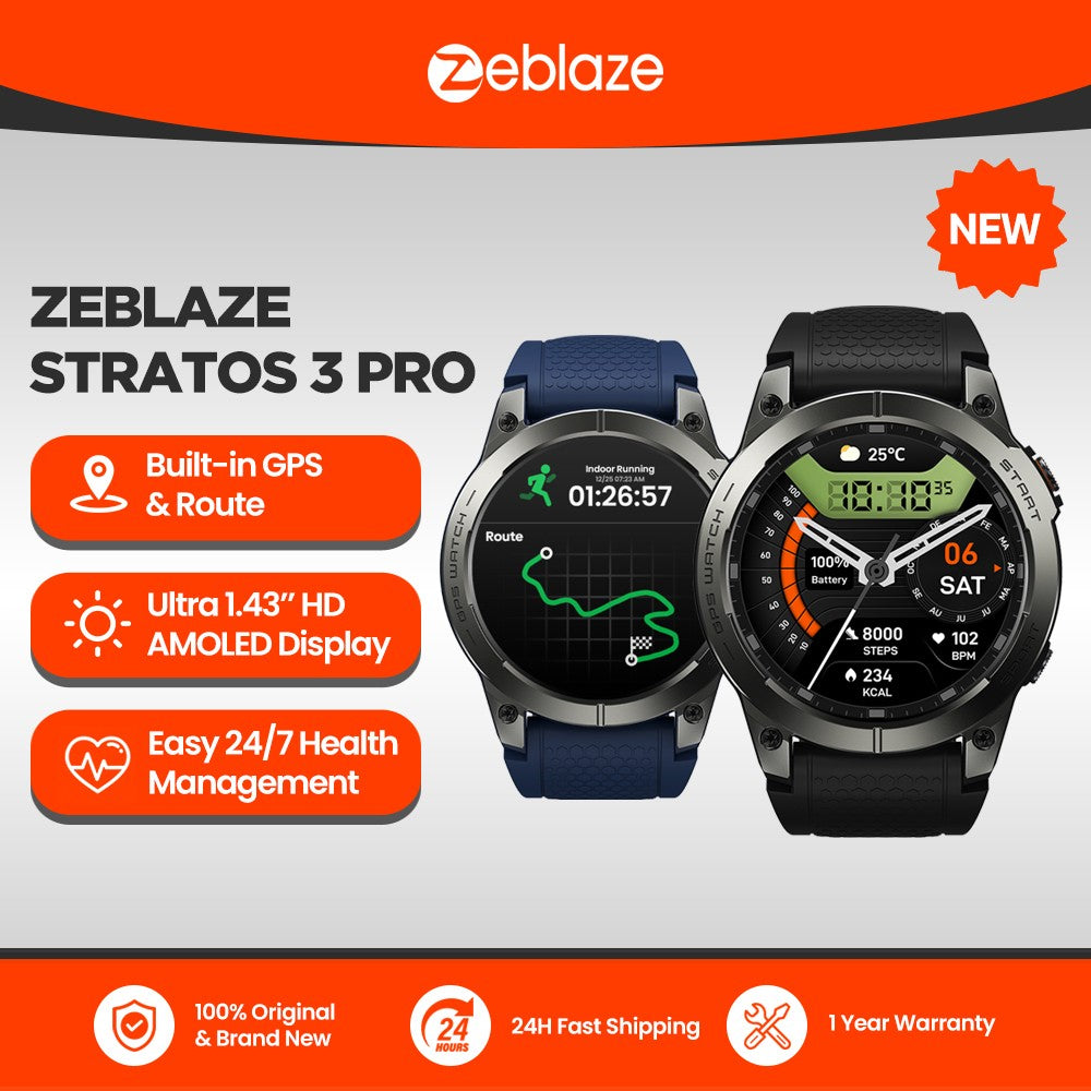 Novo Smartwatch GPS Zeblaze Stratos 3 PRO com Tela AMOLED HD de 1,43”, GPS Integrado, Chamadas Telefônicas Bluetooth, Smartwatch Esportivo para Homens