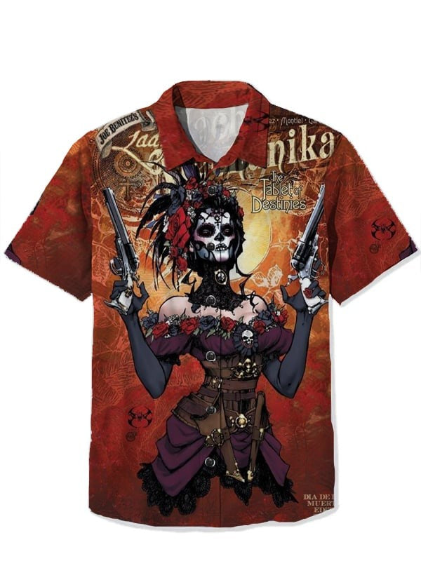 Men's Shirt Summer Casual Fashion Short Sleeve 3D Printed Denim Skull Gun Print Men's Hawaiian Lapel Single Breasted Shirt