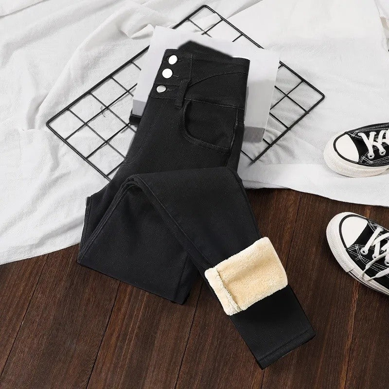Winter Thick Velvet Women High Waist Skinny Jeans Simple Fleece Warm Slim Fit Stretch Ladies Casual Slim Denim Pencil Pants Y2K