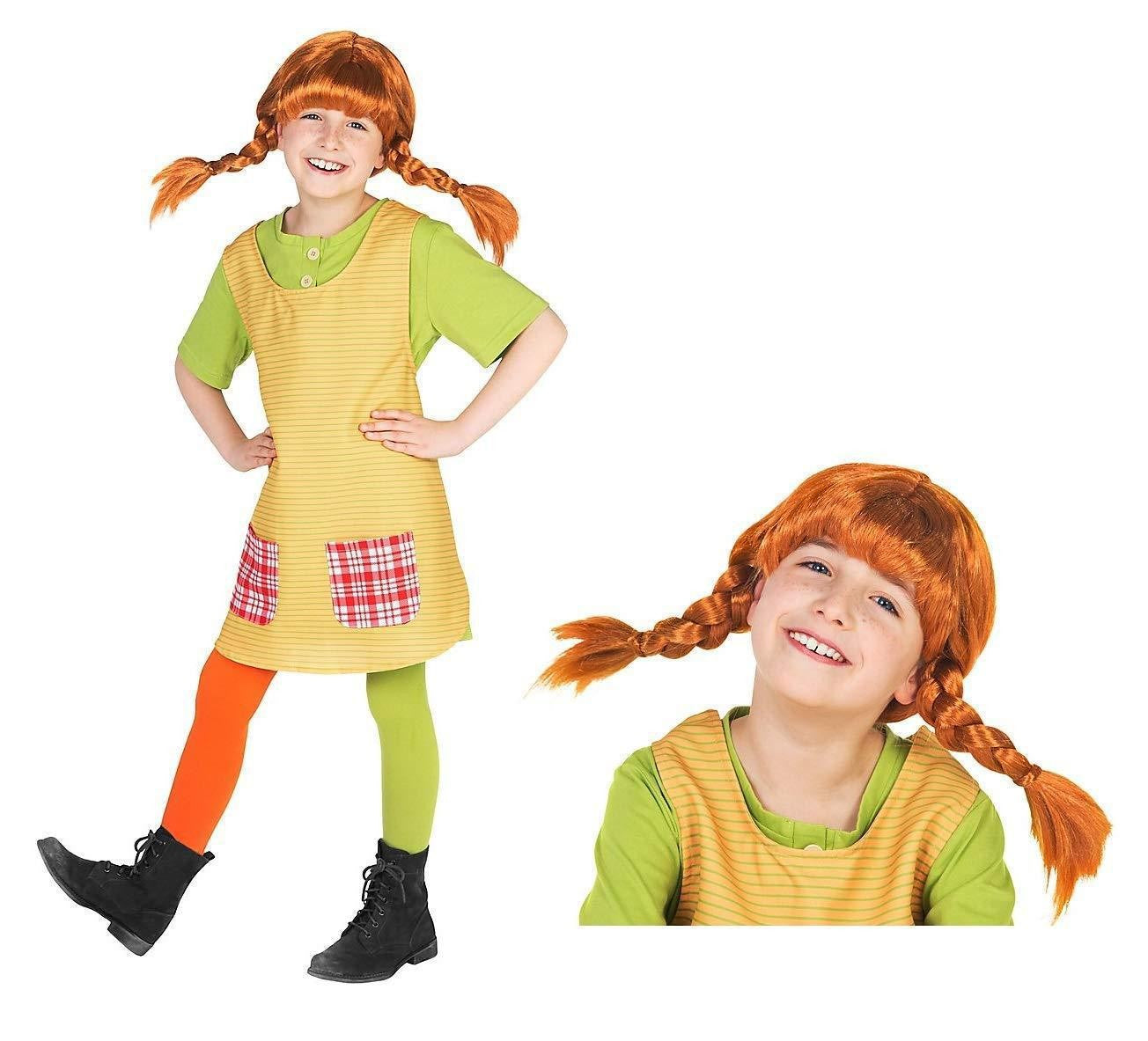 Pippi Longstocking Cosplay Costume Full Set Green T-Shirt Apron Colorful Stockings Halloween Book Character Outfit