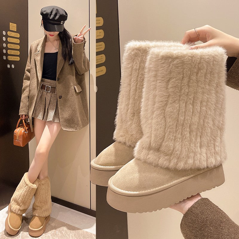 Women's Winter Snow Boots Outdoor Luxury Furry Faux Fox Fur Boots Woman Plush Warm Platform Shoes New Fashion Bottes Big Size