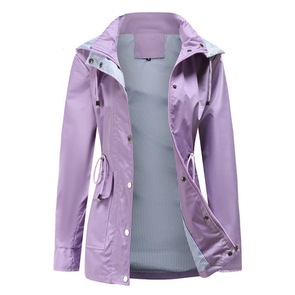 Purple Hooded Jacket for Spring 2025 Women's Office Fashion Women Outerwear Hat with Removable Waist Drawstring Water Proof