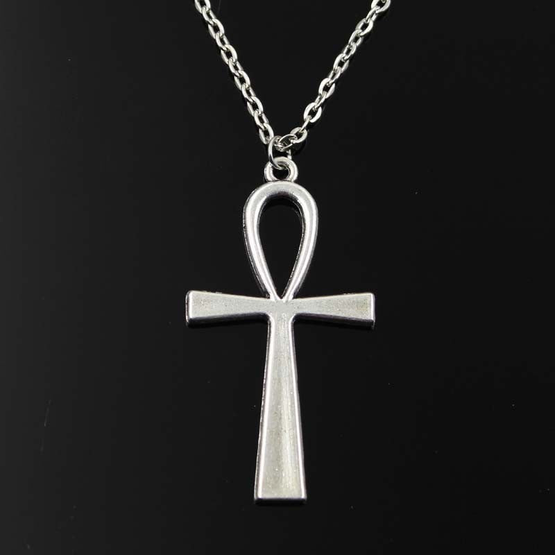 Colar Feminino Pingente Cruz Egípcia Ankh Símbolo da Vida Prata Antiga Simples Clássico Corrente Curta Longa Joias