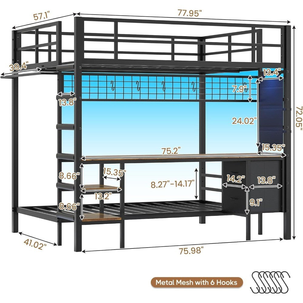 Full Size Over Twin Bunk Bed with Desk and Charging Station Metal Loft Bed with Led Lights & Storage Shelves