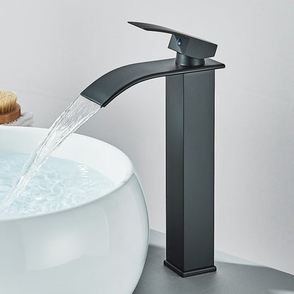 Matte Black Basin Faucet Deck Mounted Single Lever Bathroom Crane Waterfall Brass Bathroom Tap Hot Cold Water Mixer Taps