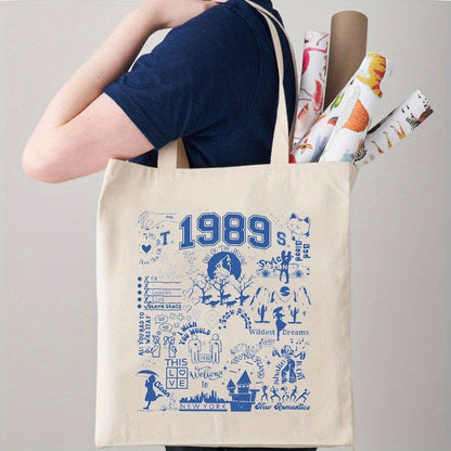 1pc 1989 pattern Canvas Shopping Bag, TS Merch Portable Shoulder Bag, taylor's version Trendy Tote Bag For Daily Life