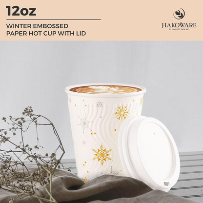 [100 CONJ] Copos de Café de Natal Harvest Pack 350 ml, Copos de Papel Descartáveis de Inverno com Flocos de Neve Brancos, com Parede Ondulada Isolada P