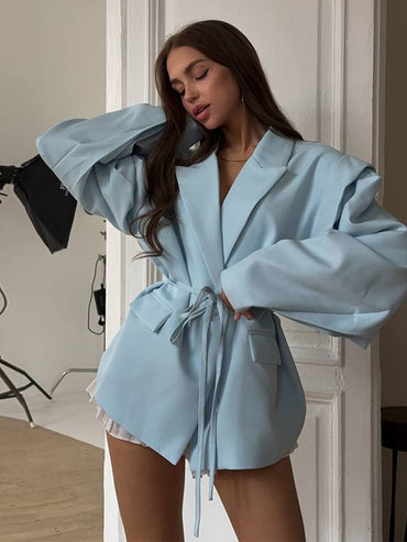 Lace Up Shoulder Pad Blazer Coat Women Elegant Turn-down Collar Long Sleeve Pockets Slim Fit Coats Chic Ladies Commute Outerwear