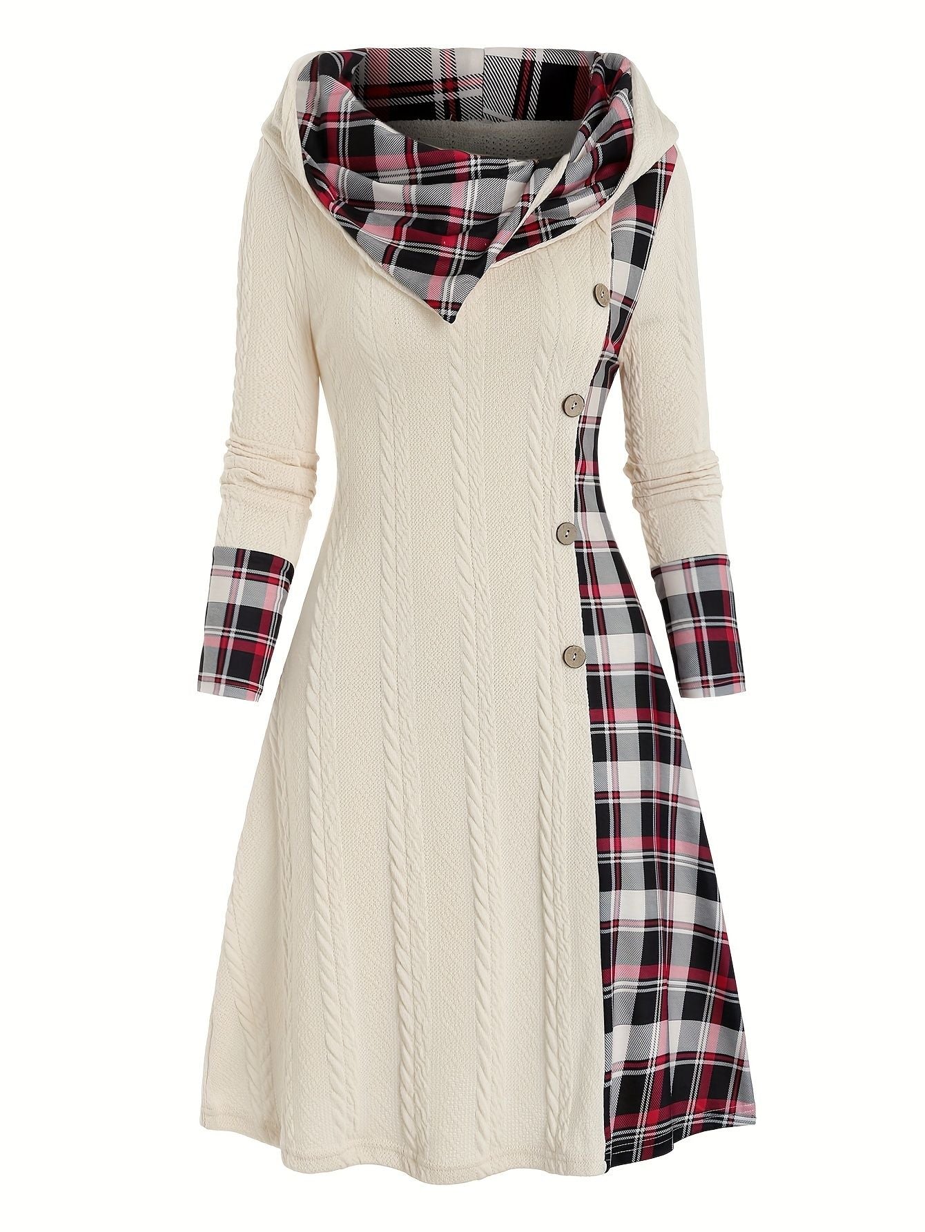 Knitted hooded dress plaid print stitching fake buckle high waist long sleeve A-line dress female