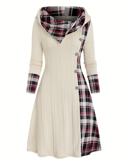 Knitted hooded dress plaid print stitching fake buckle high waist long sleeve A-line dress female