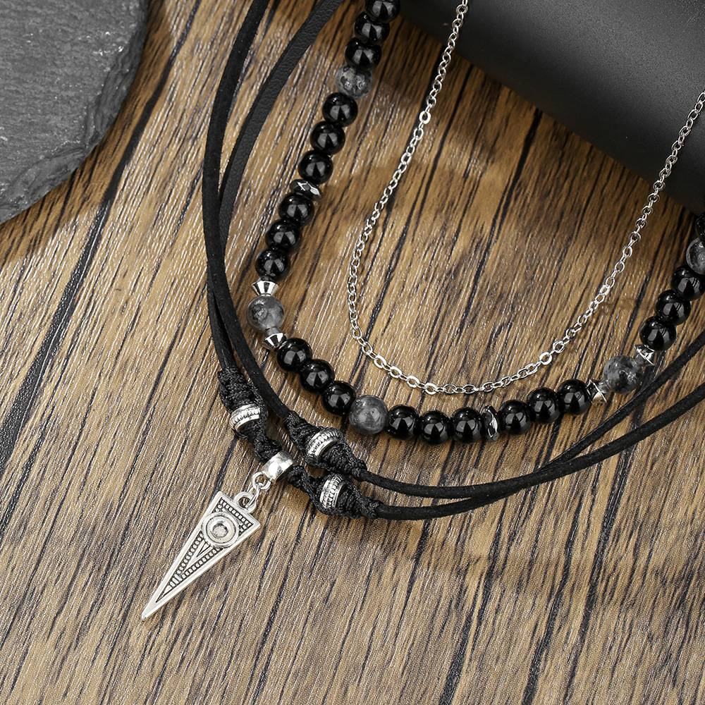 Colar masculino retrô de couro multicamadas com miçangas de ágata preta, acessórios de joias para festas boêmias, presentes