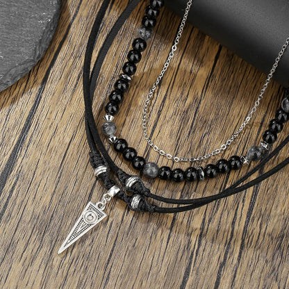 Colar masculino retrô de couro multicamadas com miçangas de ágata preta, acessórios de joias para festas boêmias, presentes