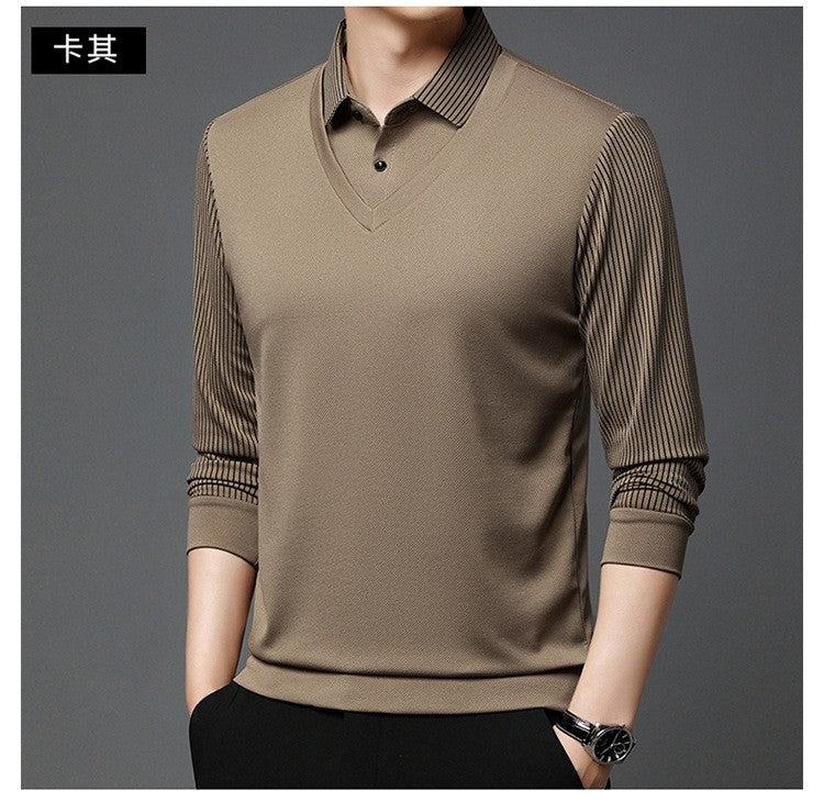 Fashion Fake Two-piece Men Long Sleeve Shirt Stripe Splice Lapel Loose Casual Pullover Tops 2025 Male Formal Business Polo Shirt