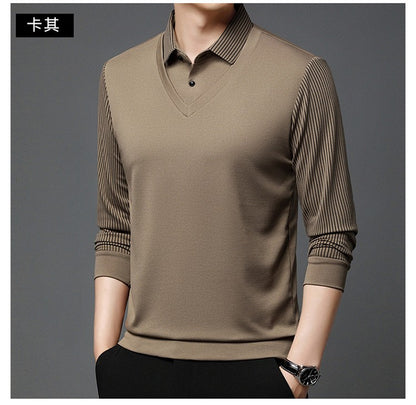 Fashion Fake Two-piece Men Long Sleeve Shirt Stripe Splice Lapel Loose Casual Pullover Tops 2025 Male Formal Business Polo Shirt