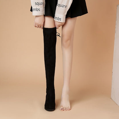 Spring New Fashion Slim Thick High Heels Flock Women Over-the-Knee Long Modern Stretch Boots Winter Long Boots D252