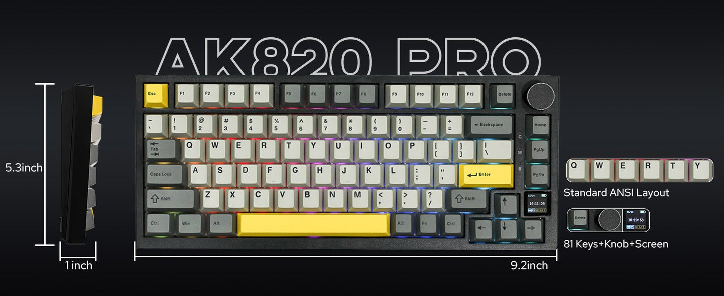 Teclado Gamer Ajazz AK820 Pro com Chave Magnética, Montagem Gasket, Bluetooth 5.1/Wireless 2.4G/USB-C com Fio, Tela TFT, para Mac/Windows