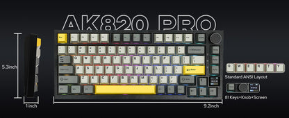 Teclado Gamer Ajazz AK820 Pro com Chave Magnética, Montagem Gasket, Bluetooth 5.1/Wireless 2.4G/USB-C com Fio, Tela TFT, para Mac/Windows