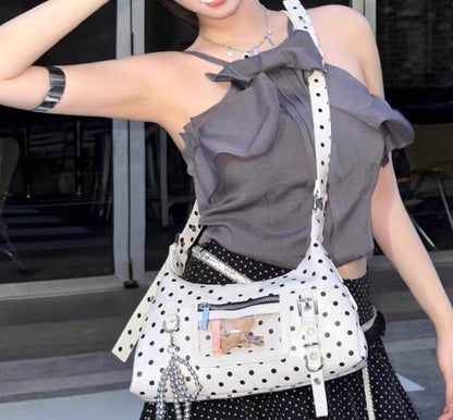 Retro oil wax leather crossbody bag, contrasting polka dot mini armpit bag, girls' shoulder bag