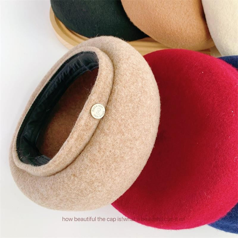 Women French Art Retro Wool Felt Autumn Solid Colors Warm Winter Beanie Hat Beret Cap For Female