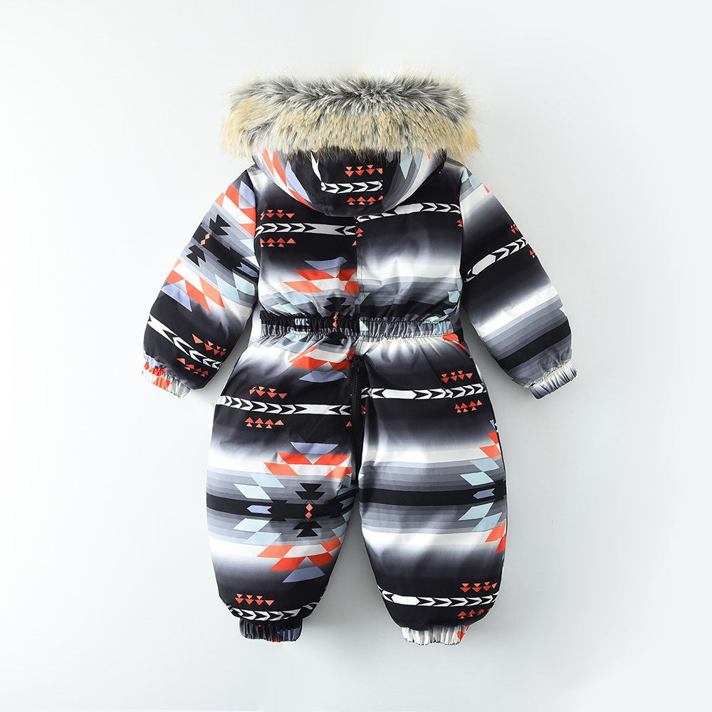 YBFSKID Kids Boys Winter Rompers Geometric Pattern Plush Thick Toddler Baby Boys Ski Suit Fur Collar Little Boys Jumpsuit Outfit